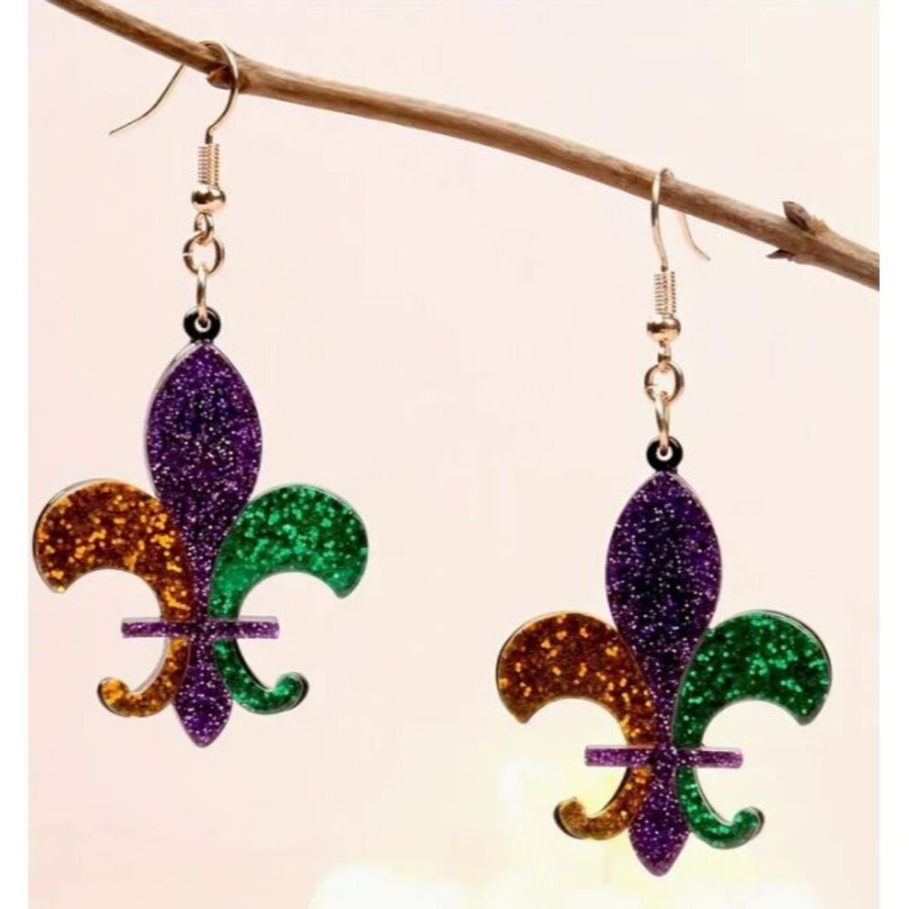 Mardi Gras Fleur-De-Lis‎ Glitter Earrings NEW